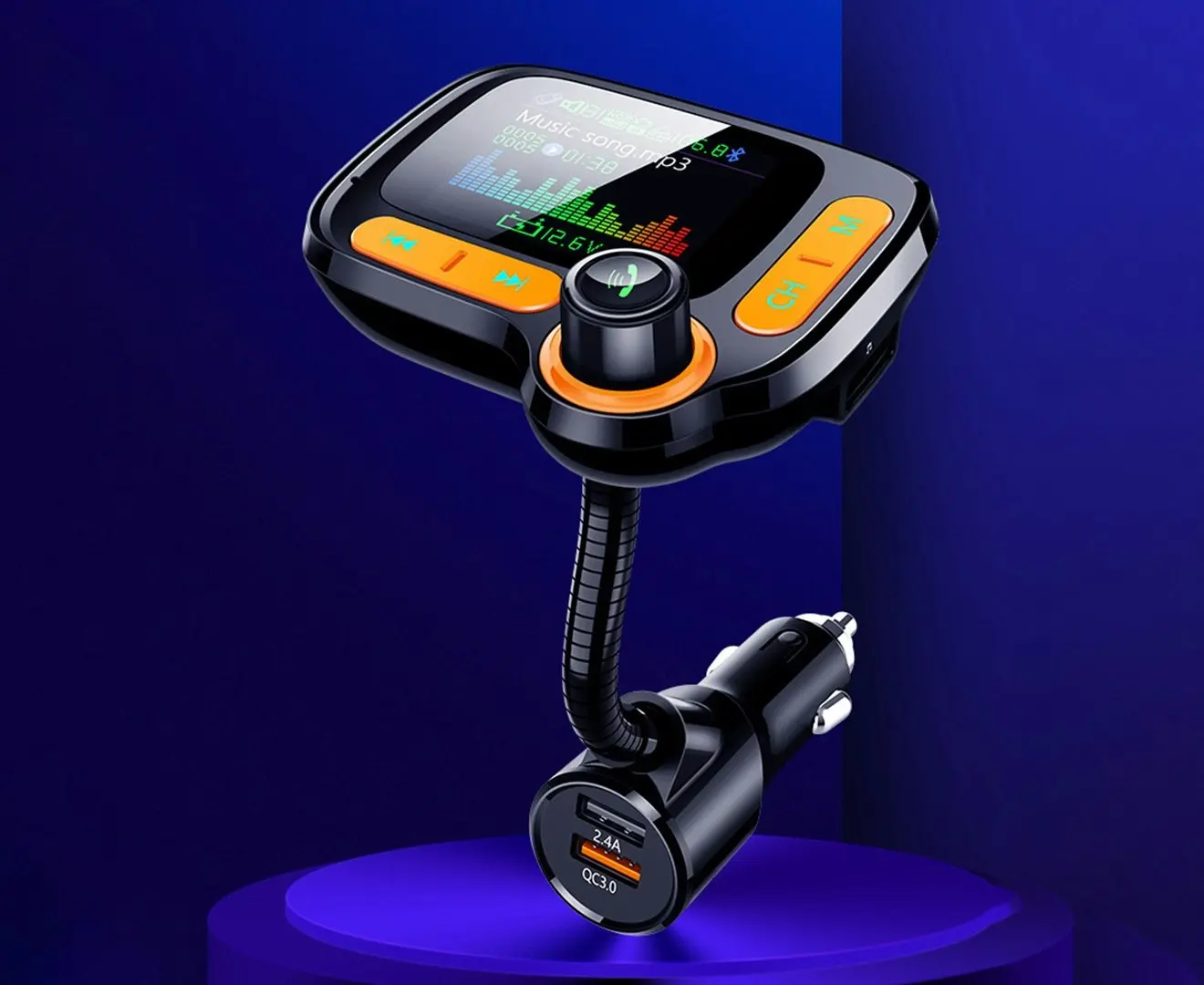 Bluetooth 5.0 Hands-Free FM transmitter Color screen car kit