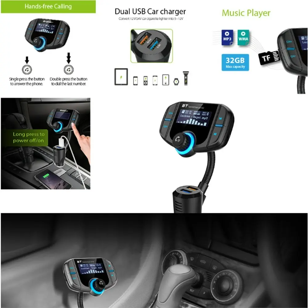 Dual USB quick charger QC3.0 Bluetooth FM car kit Transmitter With Display