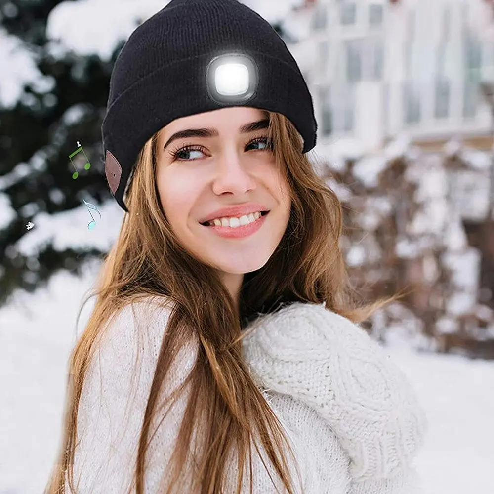 Bluetooth 5.0 Music Knitted Beanie Hat with LED Light-Black