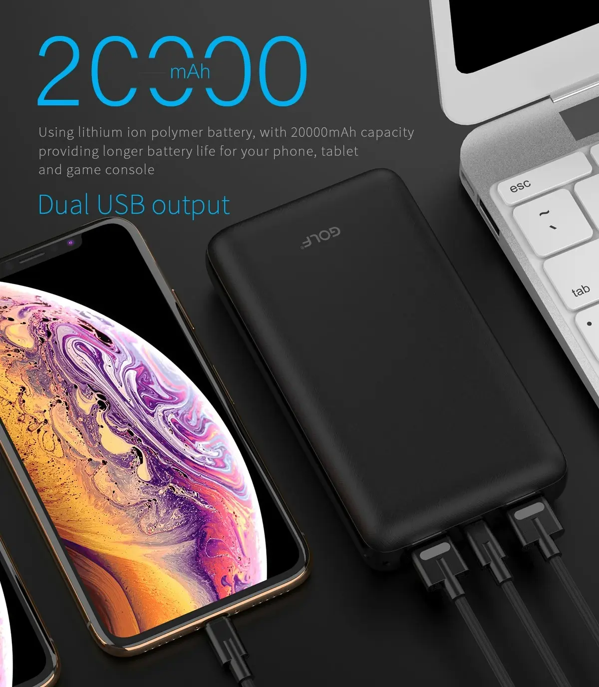 High Capacity 20000mah Fast Charging Power Bank Dual USB Port Golf G63 For Phone