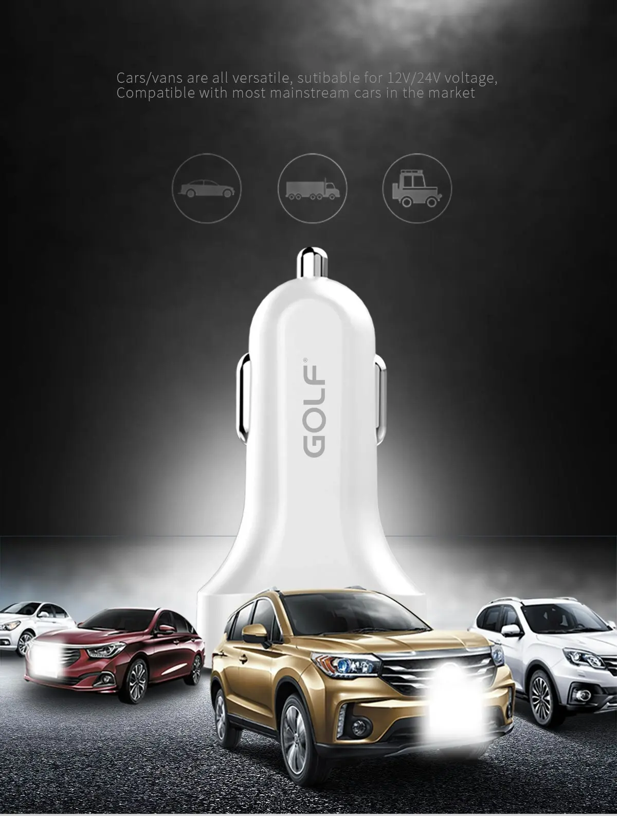 Golf GF-C11 Double USB Mini 2.1A Smart Car Charger Travel 12V 24V Universal Car Mounted Charger White