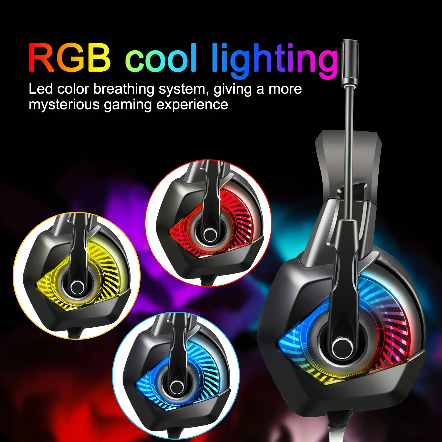 Onikuma K6 RGB Gaming Headset for PC, PS4, Xbox One, Stereo Gaming Headphones with 7.1 Surround Sound, Noise Cancelling Mic, LED Lights, Soft Ear Pads