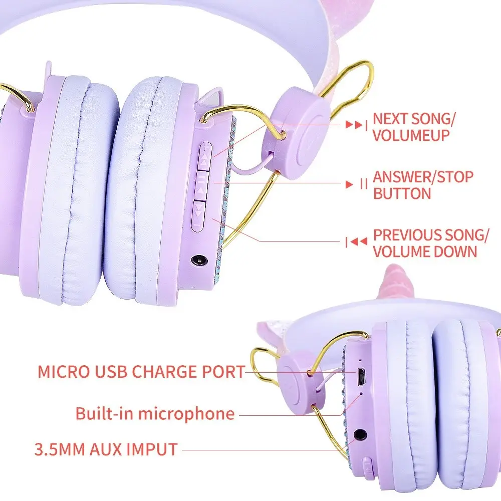 Unicorn Wireless Bluetooth Headphones With Microphone 3.5mm Jack for boys and girls