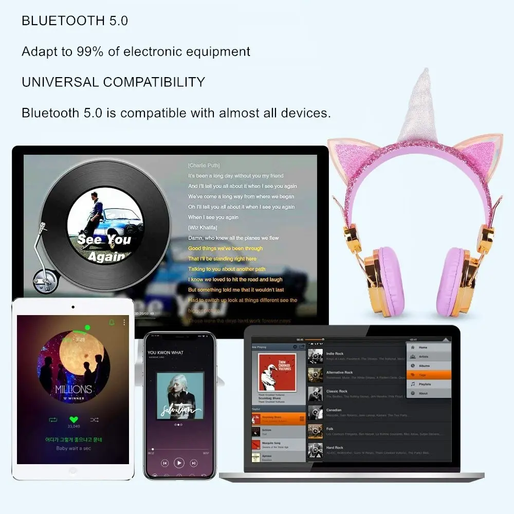 Unicorn Wireless Bluetooth Headphones With Microphone 3.5mm Jack for boys and girls