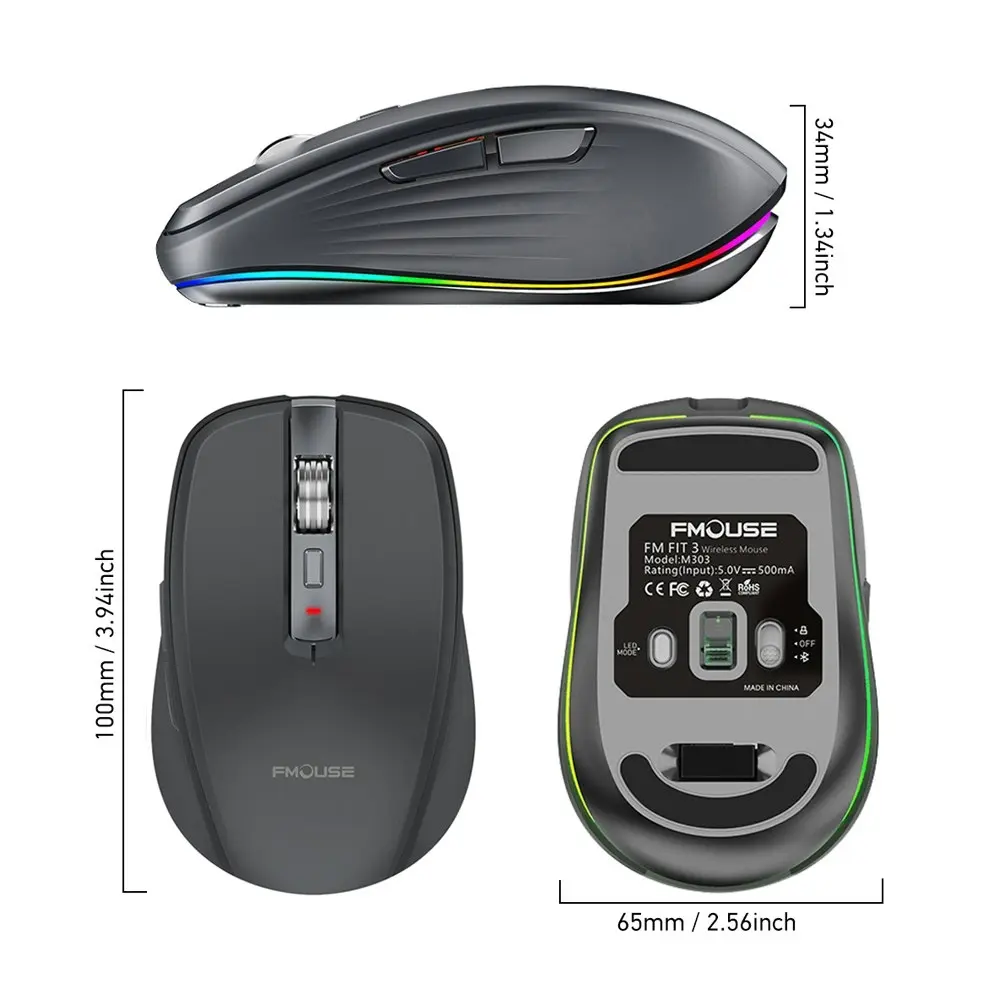 Wireless Computer Mouse, Dual Mode Mouse with RGB LED Lights