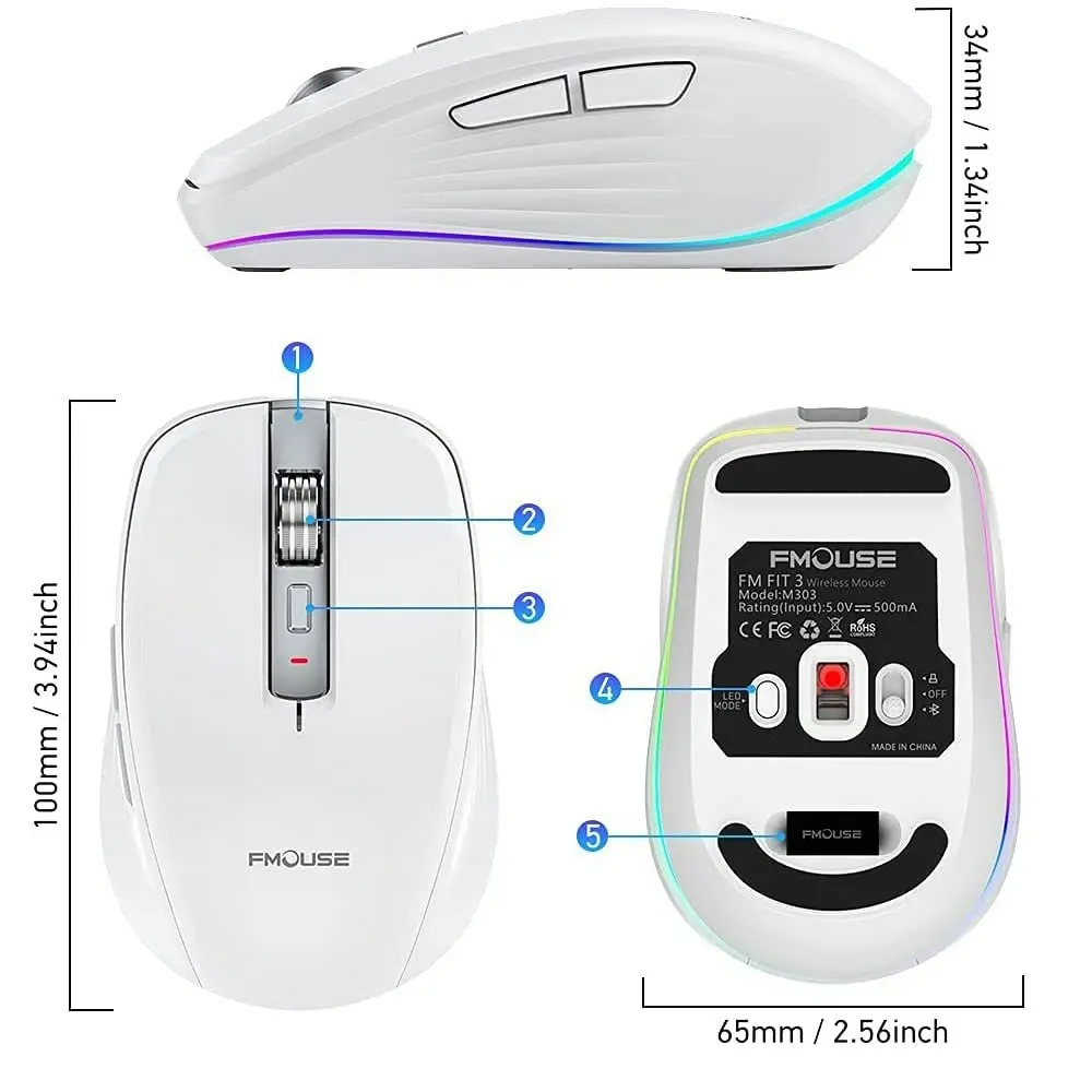 Wireless Computer Mouse, Dual Mode Mouse with RGB LED Lights