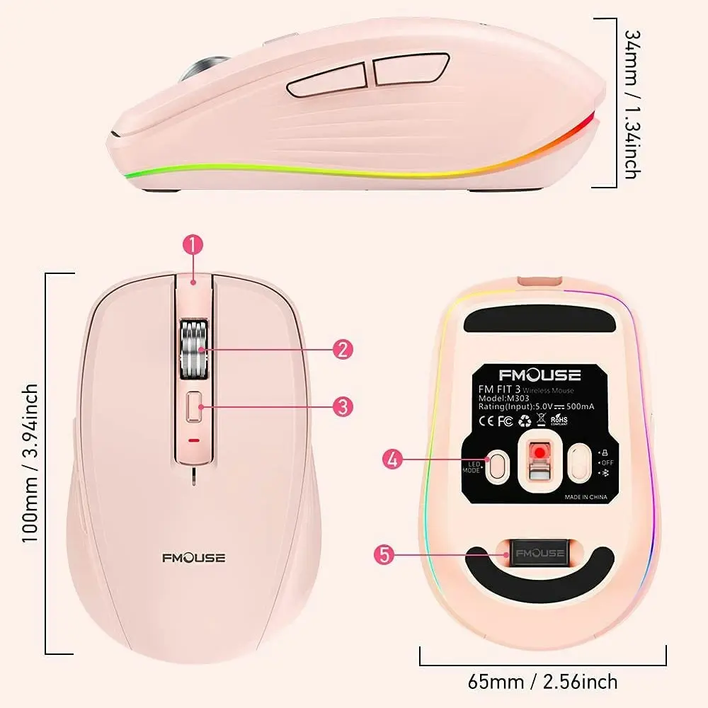 Wireless Computer Mouse, Dual Mode Mouse with RGB LED Lights