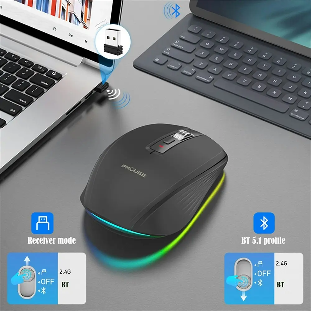 Wireless Computer Mouse, Dual Mode Mouse with RGB LED Lights