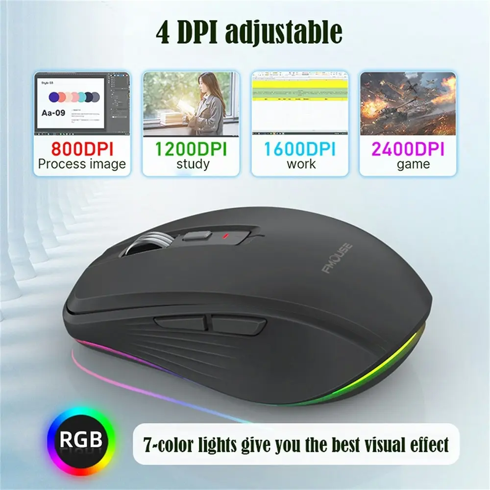 Wireless Computer Mouse, Dual Mode Mouse with RGB LED Lights