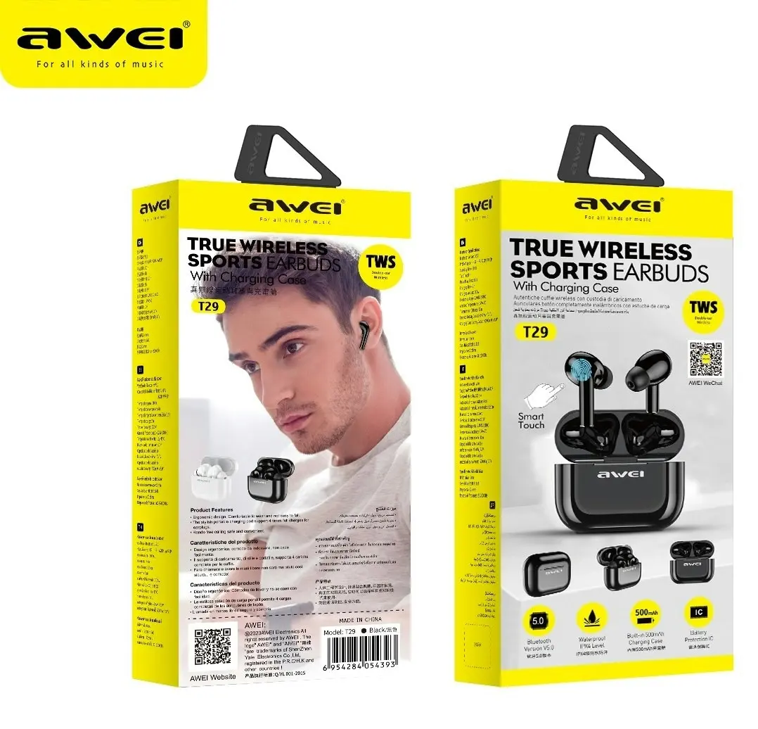 Awei T29 True Wireless Earbuds Bluetooth 5.0 With Mic Touch Control Waterproof IPX4 Stereo Sound For Mobile Phones