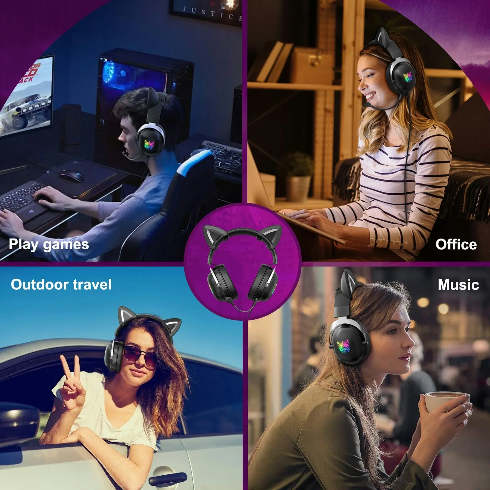 Onikuma X11 Cat Ear Headset 3.5mm Jack 50mm Sound Unit RGB Light Gaming Headphone Detachable Noise-canceling Mic for PS4 Computer PC Gamer Black