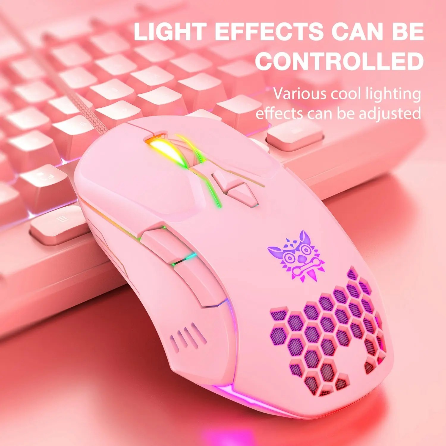 Onikuma CW902 Wired Gaming Mouse 6400DPI RGB Backlight Computer Mouse Hollow Honeycomb Mice PINK