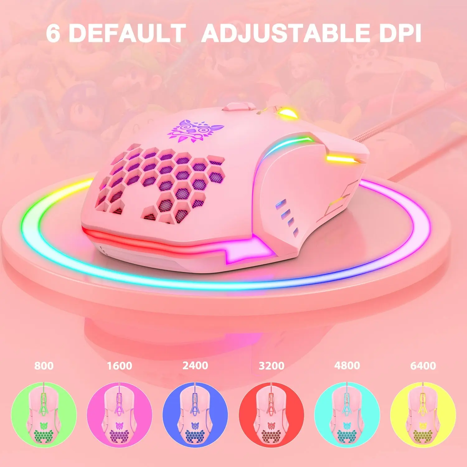 Onikuma CW902 Wired Gaming Mouse 6400DPI RGB Backlight Computer Mouse Hollow Honeycomb Mice PINK