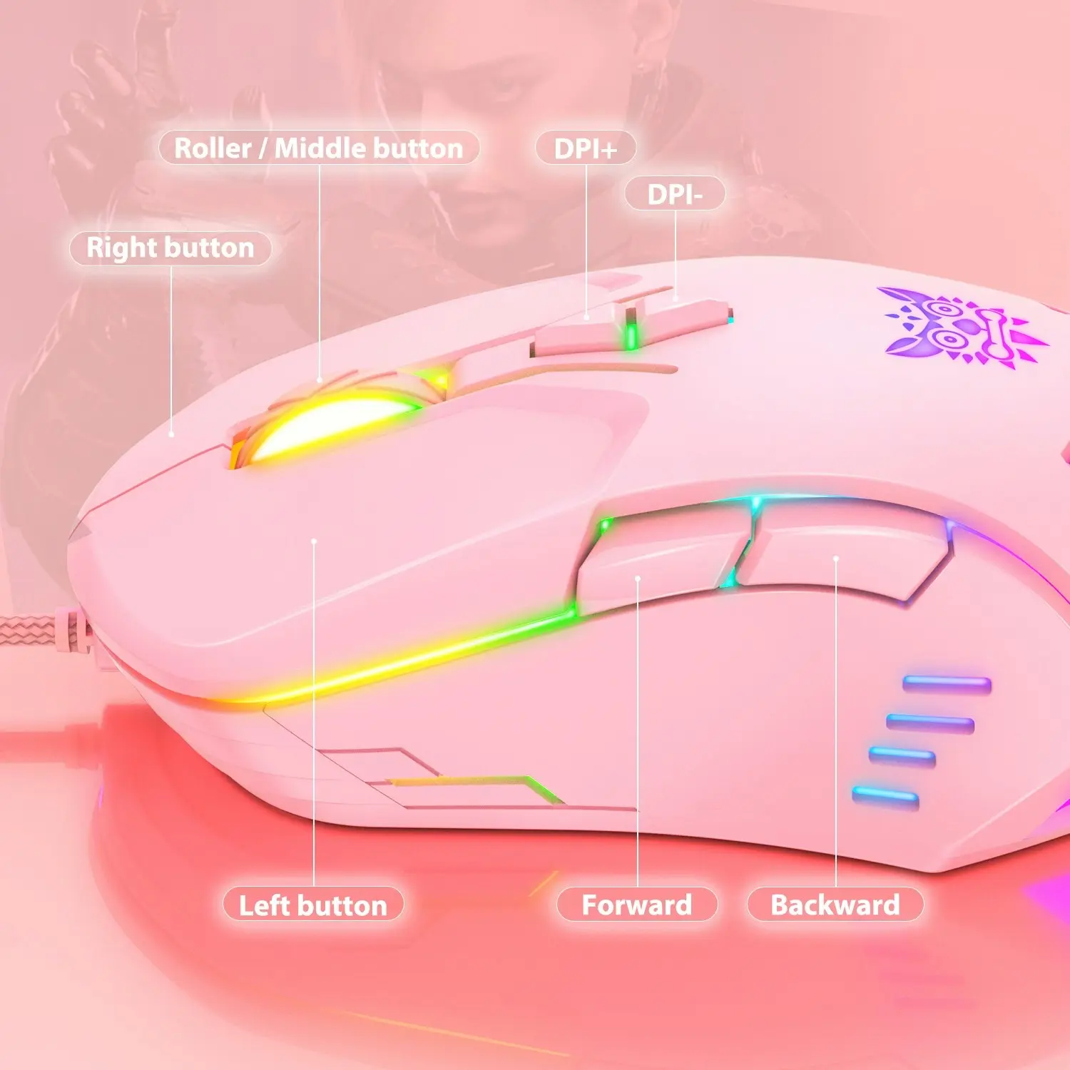 Onikuma CW902 Wired Gaming Mouse 6400DPI RGB Backlight Computer Mouse Hollow Honeycomb Mice PINK