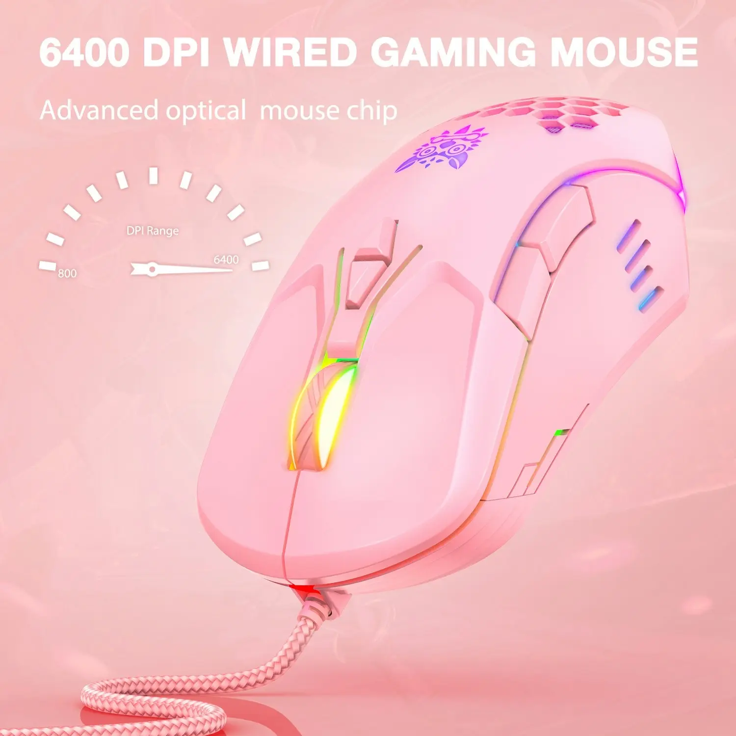 Onikuma CW902 Wired Gaming Mouse 6400DPI RGB Backlight Computer Mouse Hollow Honeycomb Mice PINK