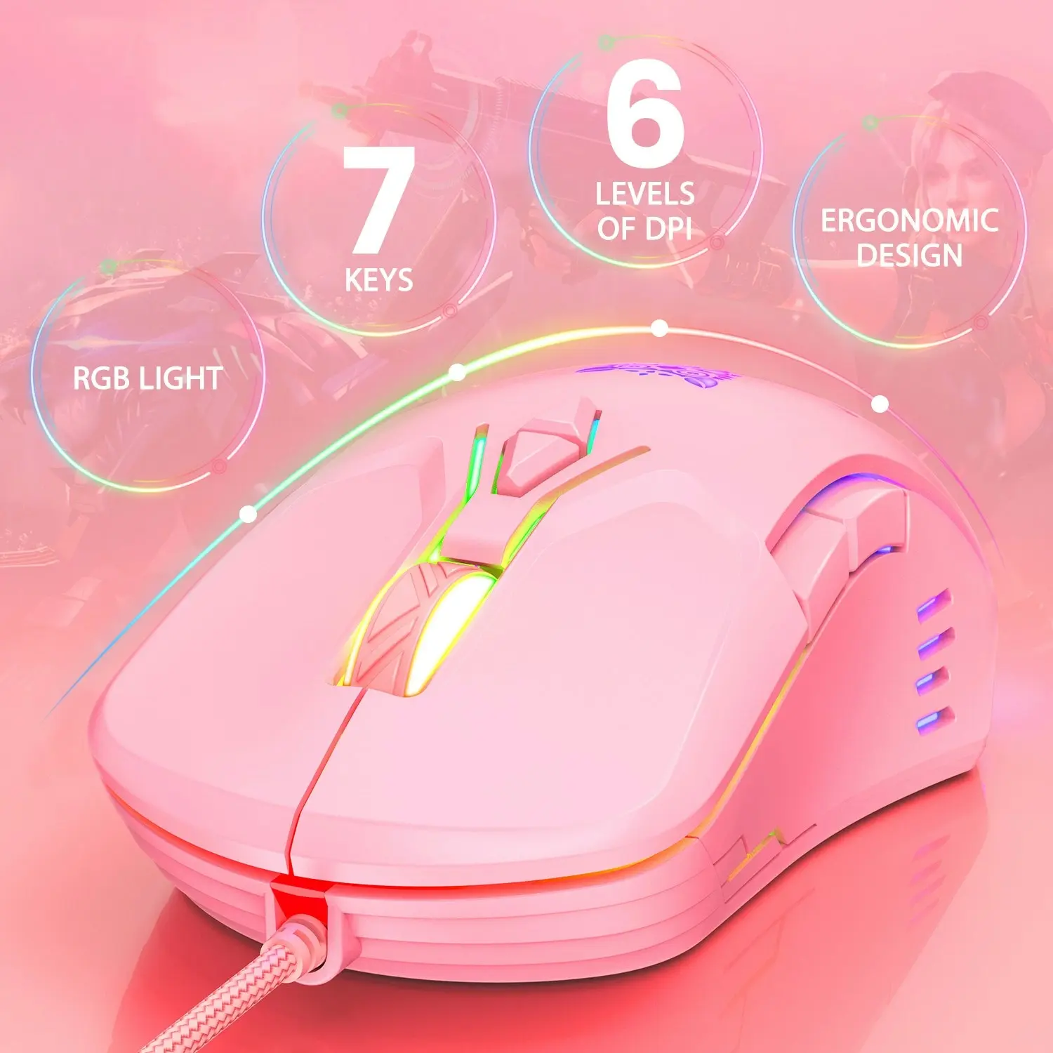 Onikuma CW902 Wired Gaming Mouse 6400DPI RGB Backlight Computer Mouse Hollow Honeycomb Mice PINK