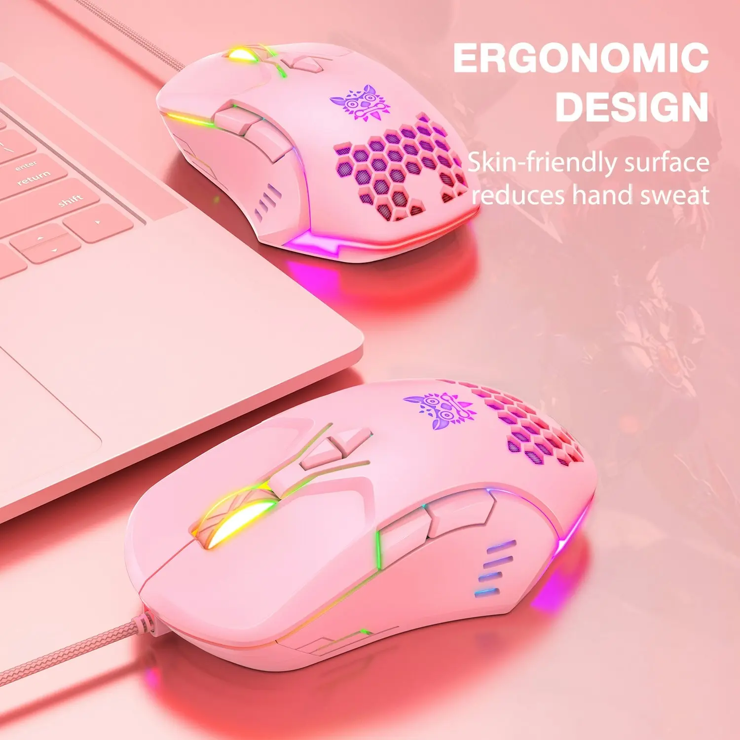 Onikuma CW902 Wired Gaming Mouse 6400DPI RGB Backlight Computer Mouse Hollow Honeycomb Mice PINK