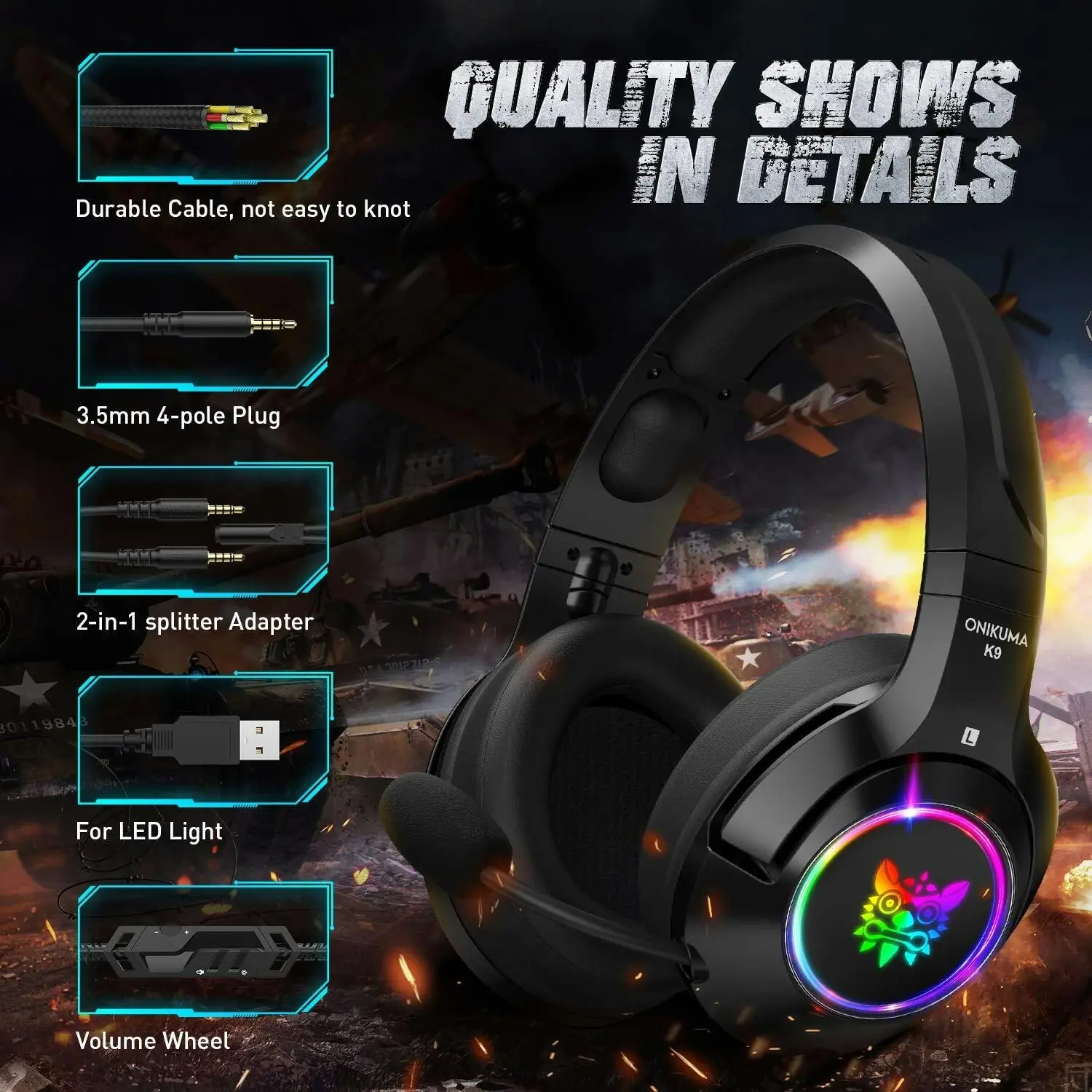 Onikuma K9 Gaming Headset RGB Lights Stereo Headphones