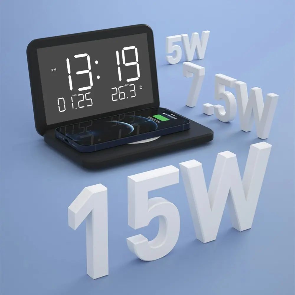 Multifunctional 15W Fast Wireless Charging Clock With Temperature