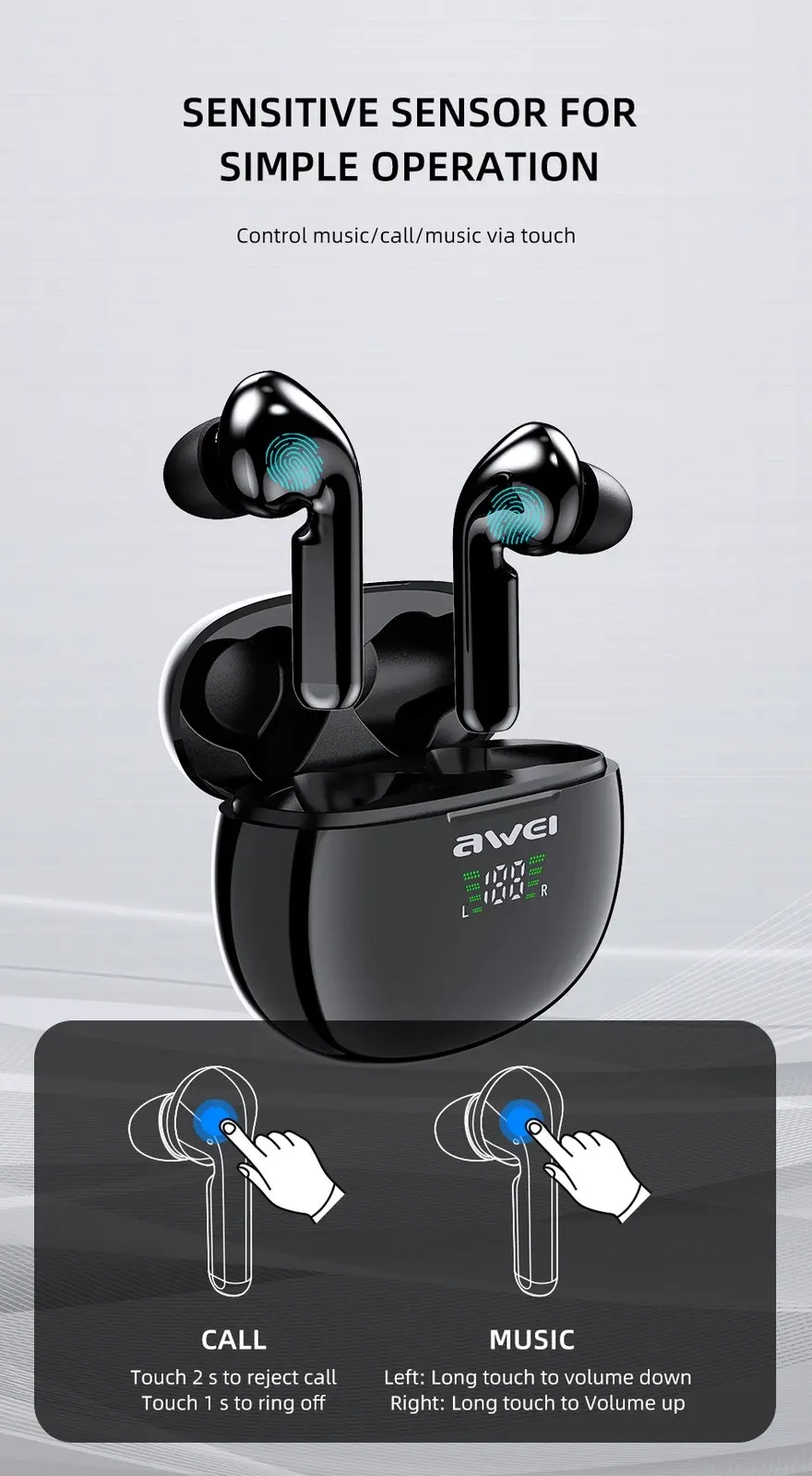 Awei T15P TWS Earbuds Bluetooth Headphones Wireless Touch Control Earphone Waterproof IPX5 For Mobile Phone