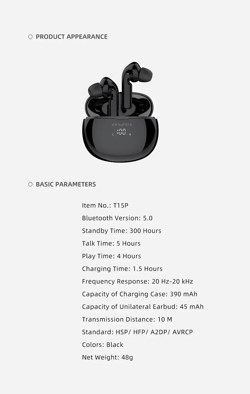 Awei T15P TWS Earbuds Bluetooth Headphones Wireless Touch Control Earphone Waterproof IPX5 For Mobile Phone