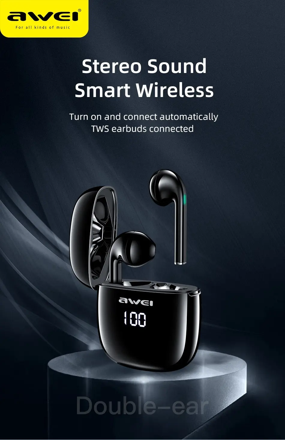 Awei T28P TWS Bluetooth Earphones Wireless Earbuds Waterproof LED Display Touch Control Microphone