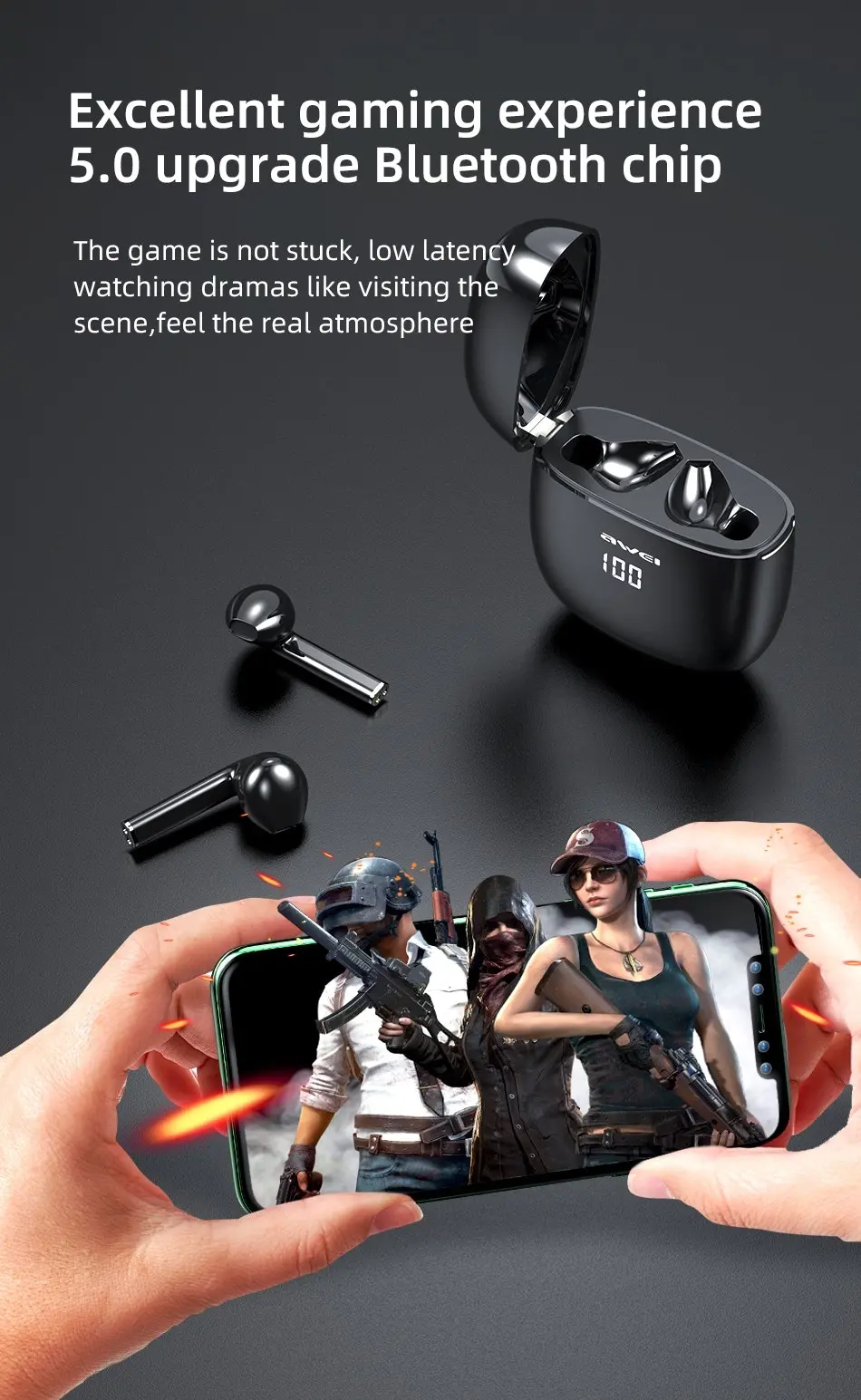 Awei T28P TWS Bluetooth Earphones Wireless Earbuds Waterproof LED Display Touch Control Microphone