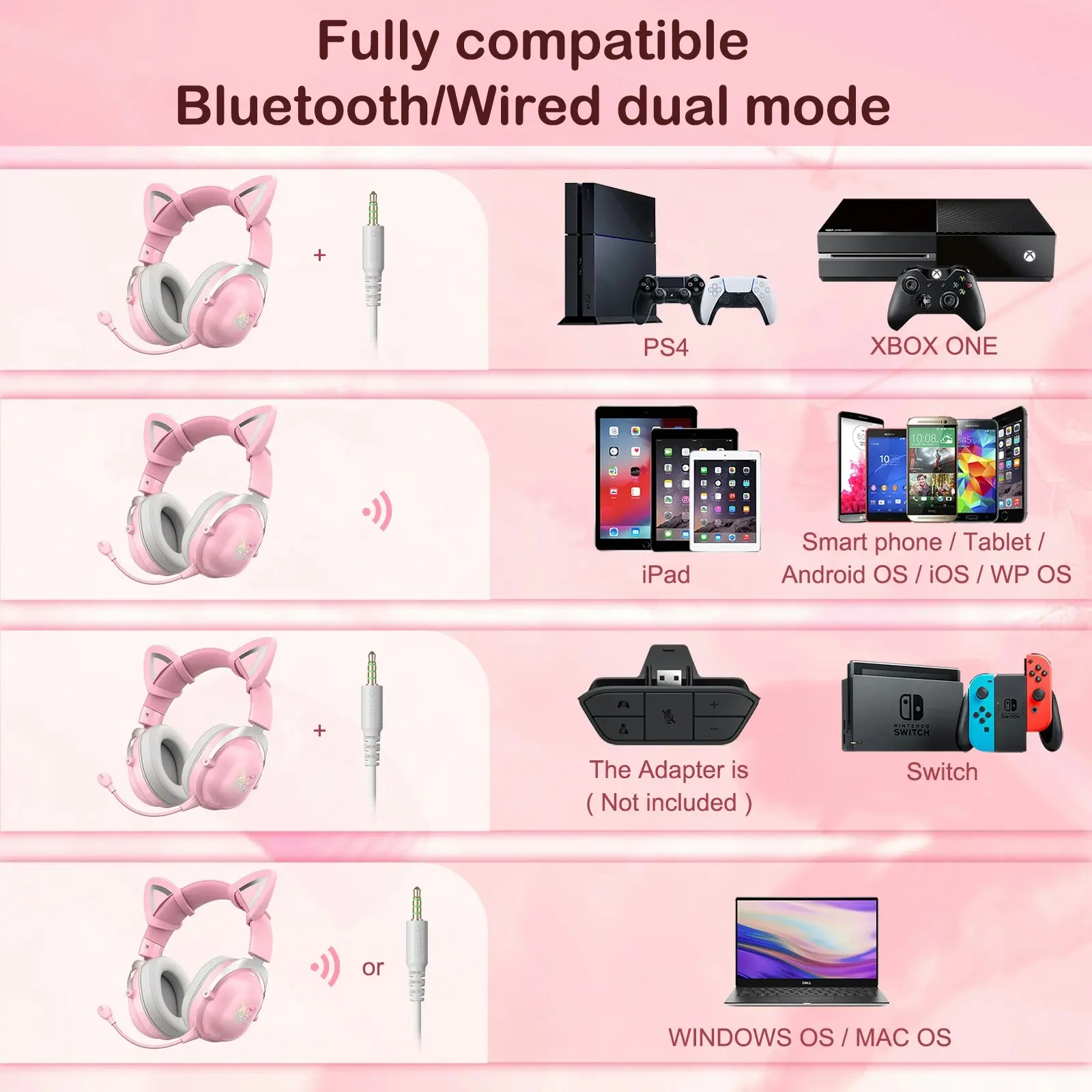 Onikuma B100 RGB Cat Ear Bluetooth 5.0 Headphone Gaming Headset