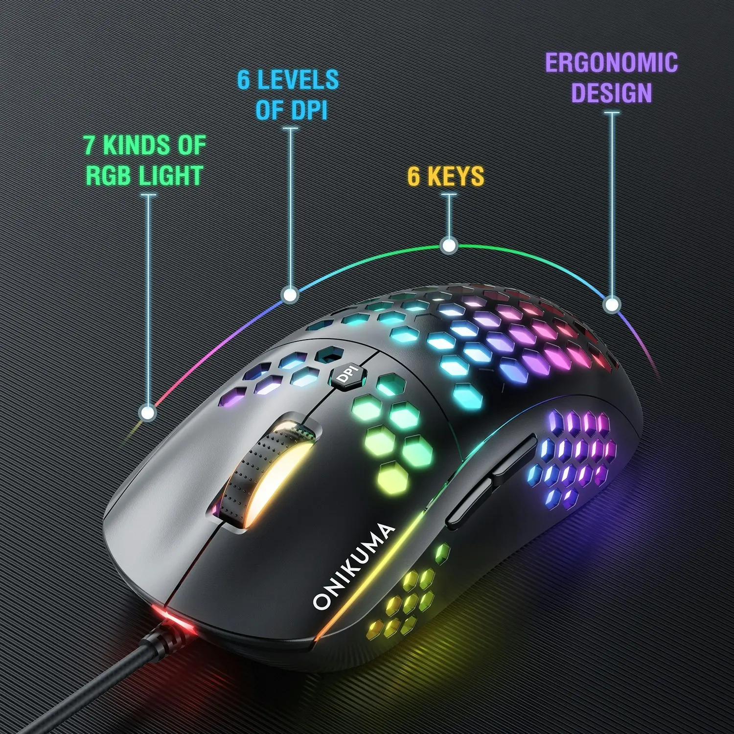 Onikuma CW903 RGB Six-Speed Adjustable honeycomb Non-Slip Wired  Gaming Mouse