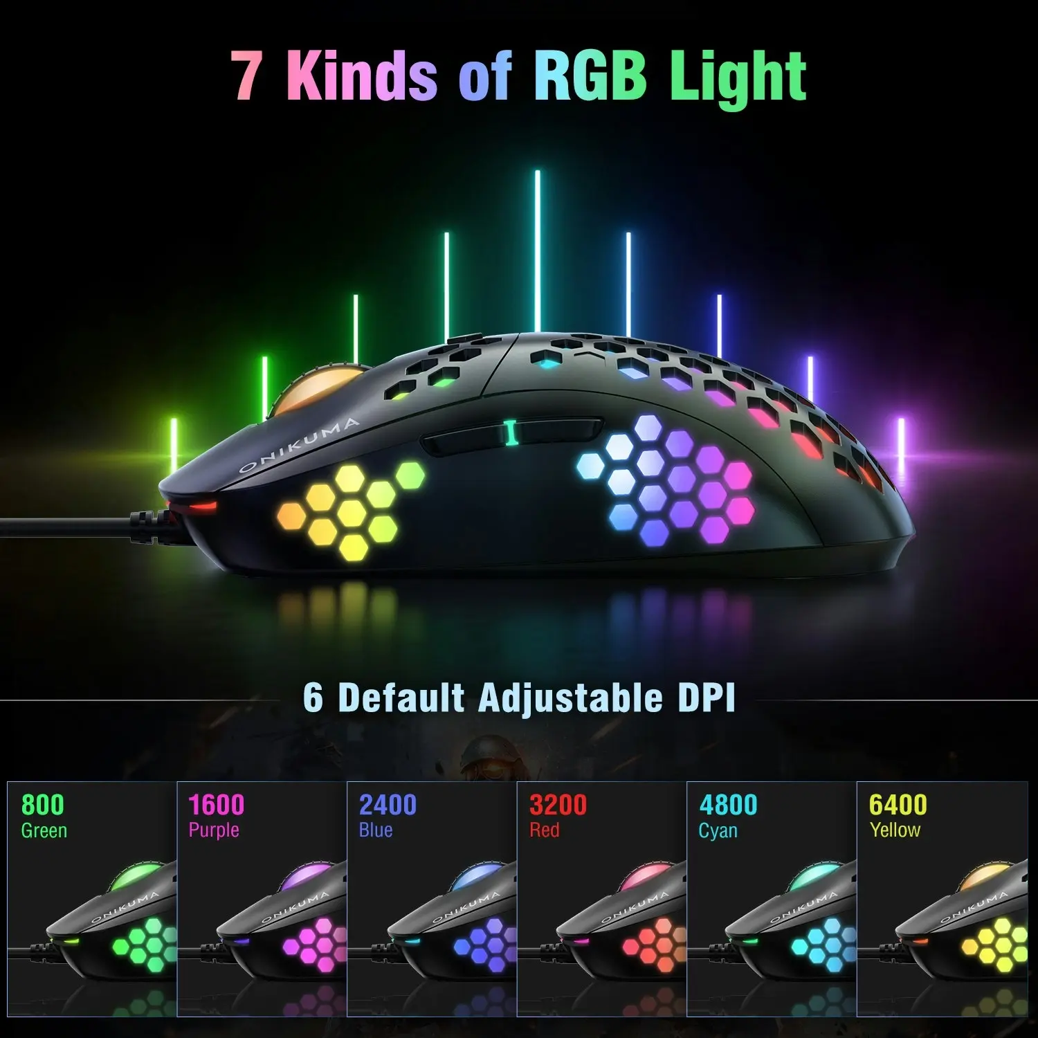 Onikuma CW903 RGB Six-Speed Adjustable honeycomb Non-Slip Wired  Gaming Mouse