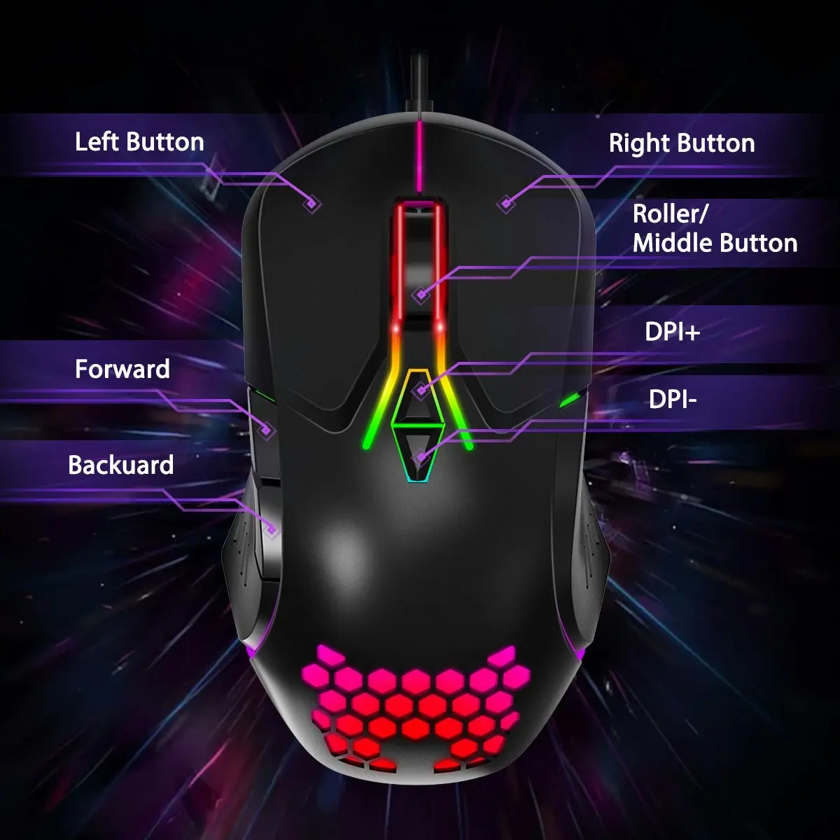 Onikuma CW902 Wired Gaming Mouse 6400DPI RGB Backlight Computer Mouse Hollow Honeycomb Mice for Computer Laptop PC Gamer