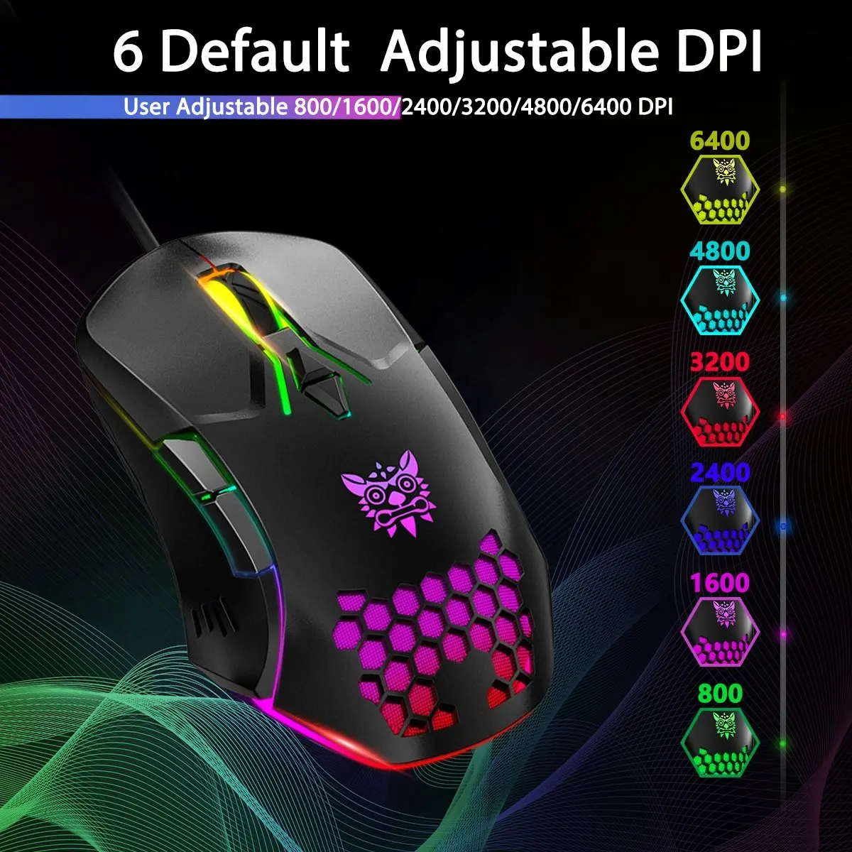 Onikuma CW902 Wired Gaming Mouse 6400DPI RGB Backlight Computer Mouse Hollow Honeycomb Mice for Computer Laptop PC Gamer