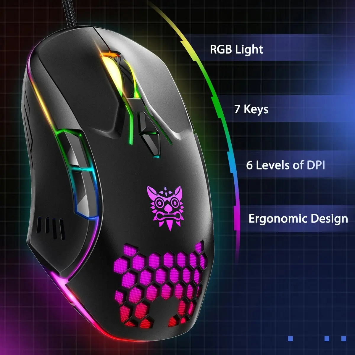 Onikuma CW902 Wired Gaming Mouse 6400DPI RGB Backlight Computer Mouse Hollow Honeycomb Mice for Computer Laptop PC Gamer