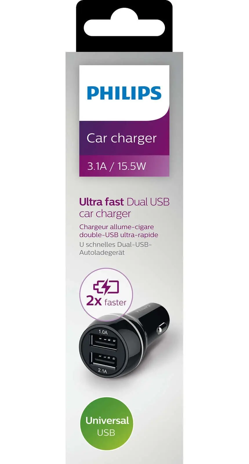 Philips Ultra Car charger with 2 USB Ports 3.1A Black