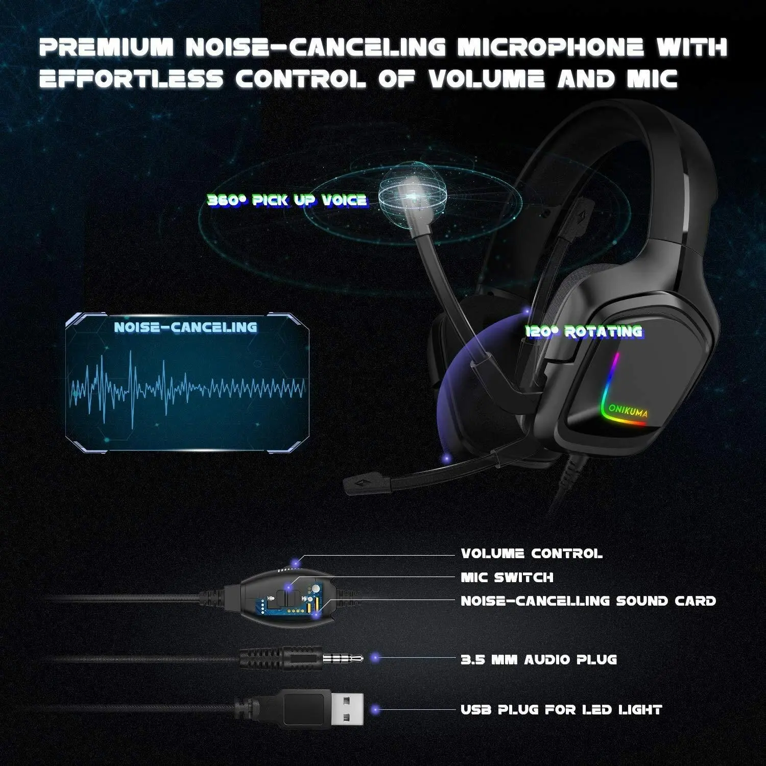 Onikuma K20 Advanced 4D RGB Gaming Noise Cancelling Headset