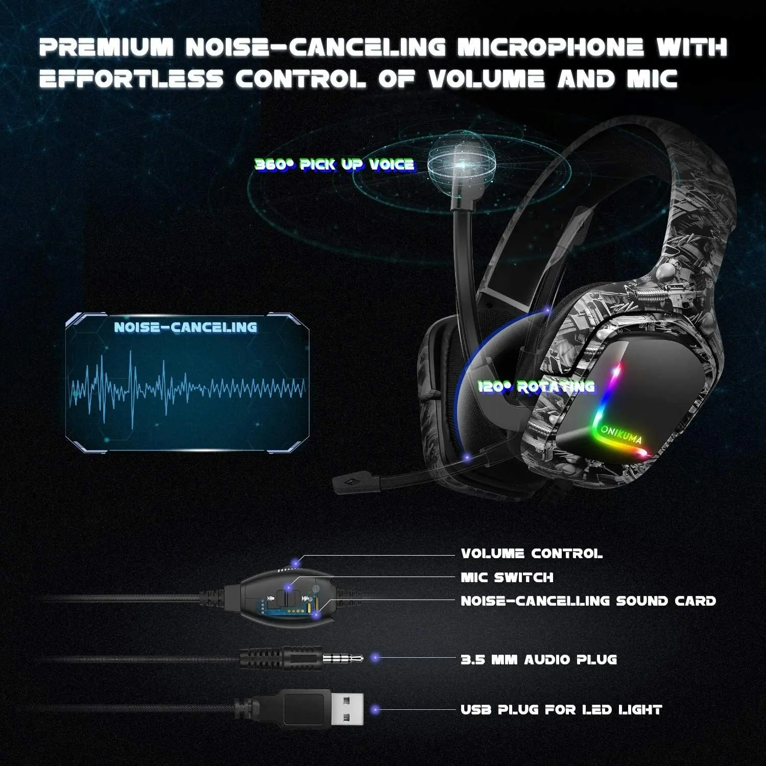 Onikuma K20 Gaming Headset with Surround Sound Headphone with Mic Volume Control