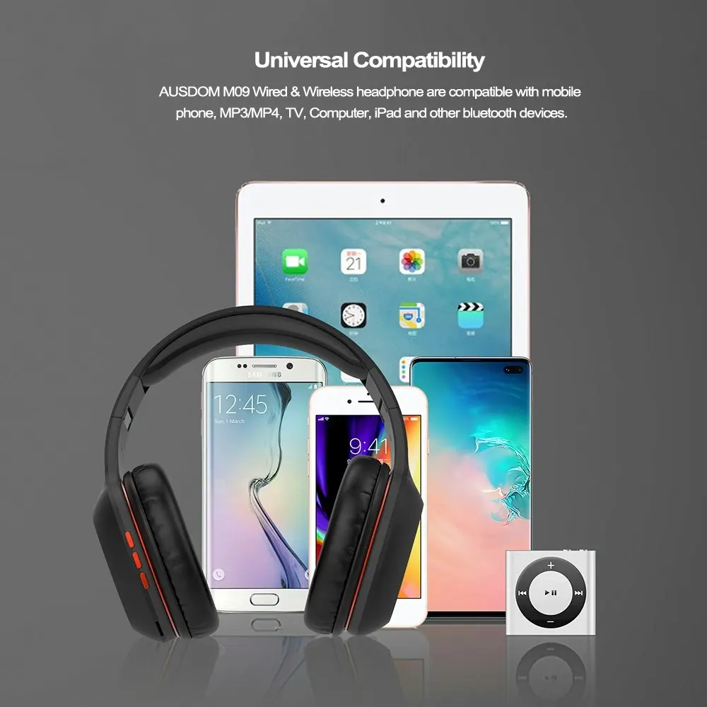 Ausdom M09 Bluetooth Foldable Over-Ear Wired Wireless Headphones