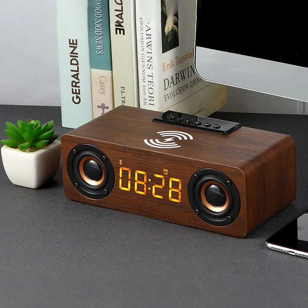 Wooden Bluetooth speaker phone wireless charger alarm clock