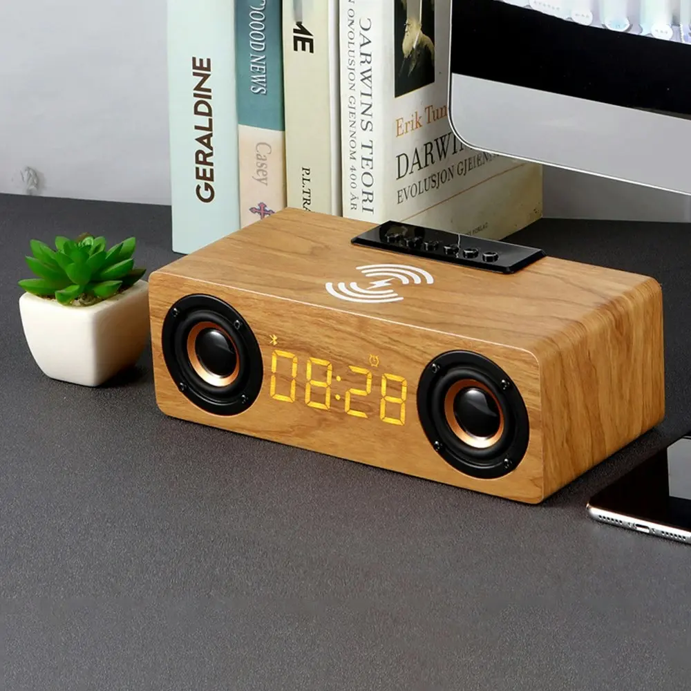 Wooden Bluetooth speaker phone wireless charger alarm clock