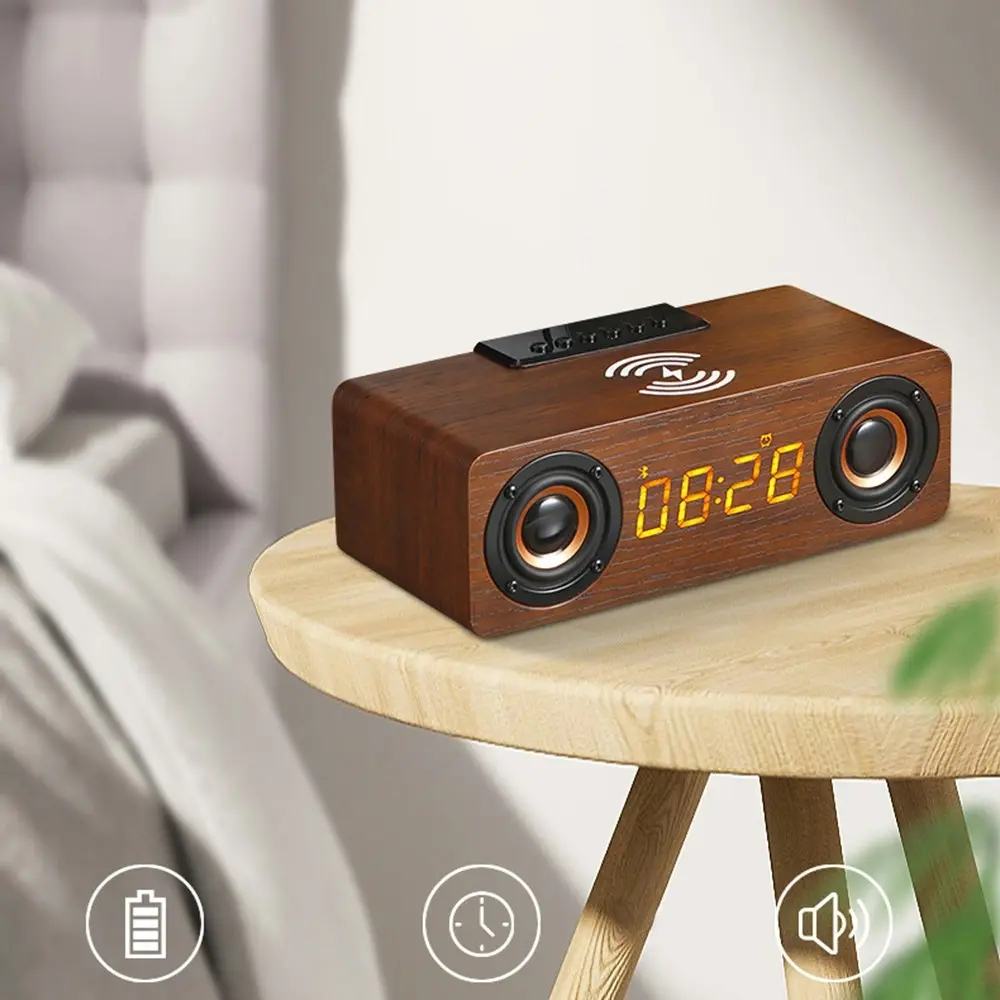 Wooden Bluetooth speaker phone wireless charger alarm clock