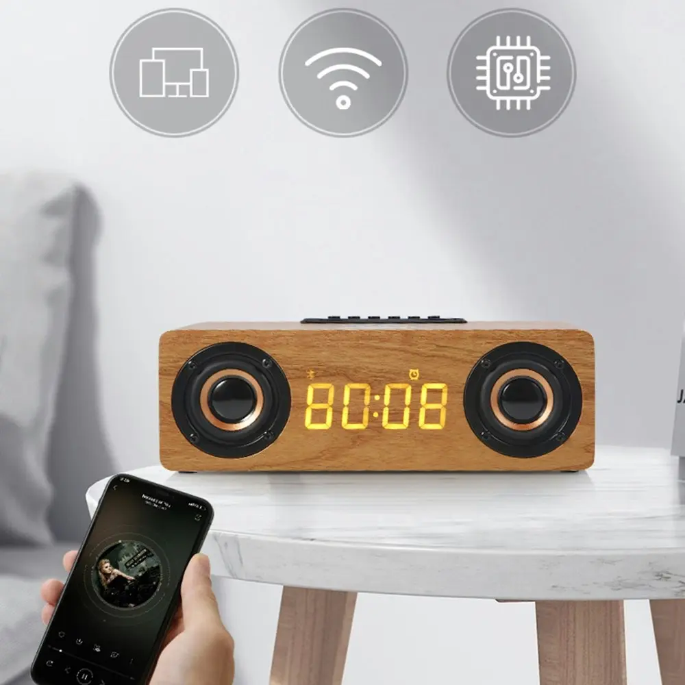 Wooden Bluetooth speaker phone wireless charger alarm clock