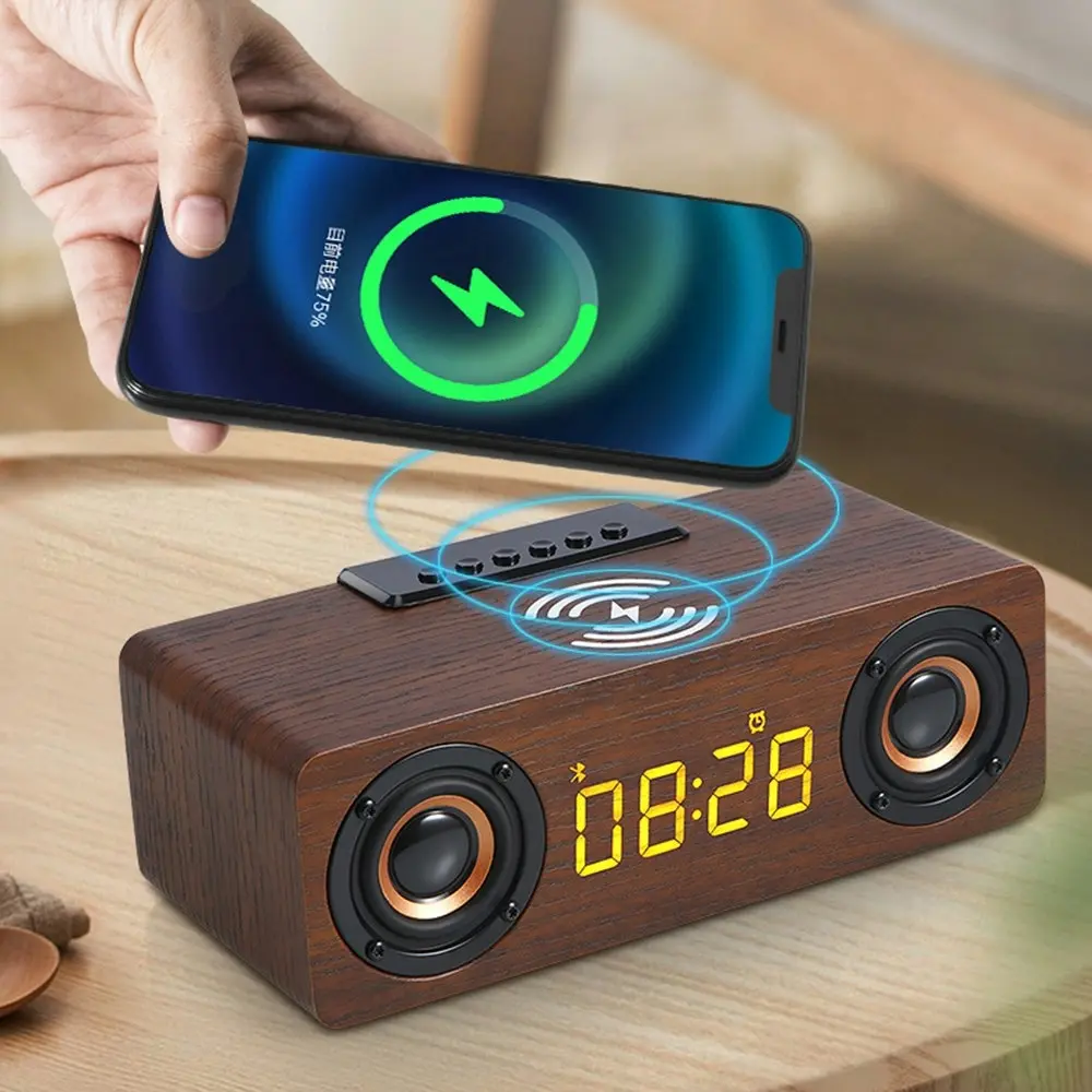 Wooden Bluetooth speaker phone wireless charger alarm clock