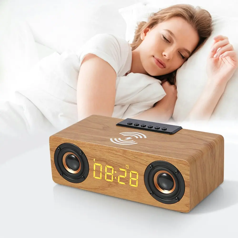 Wooden Bluetooth speaker phone wireless charger alarm clock