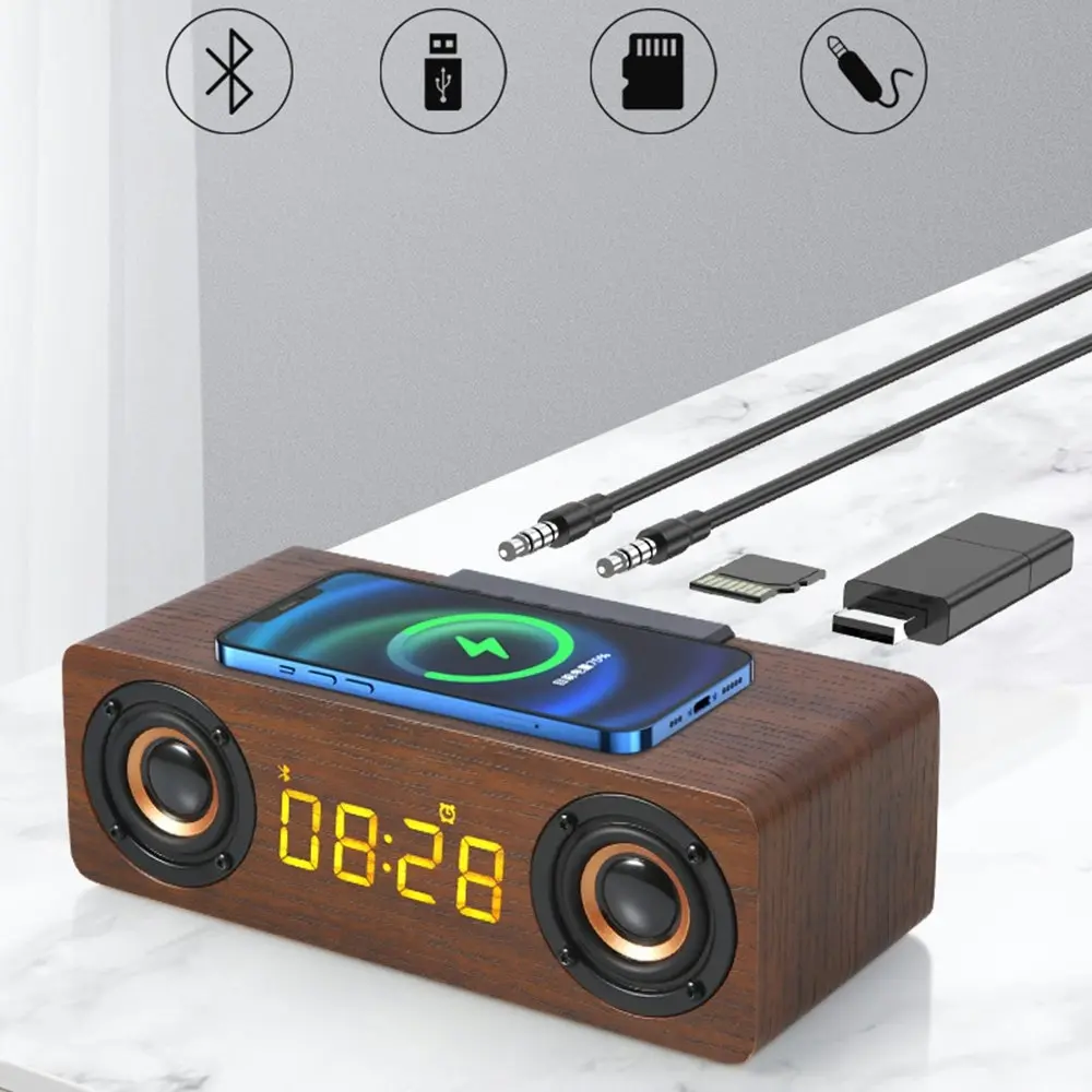 Wooden Bluetooth speaker phone wireless charger alarm clock