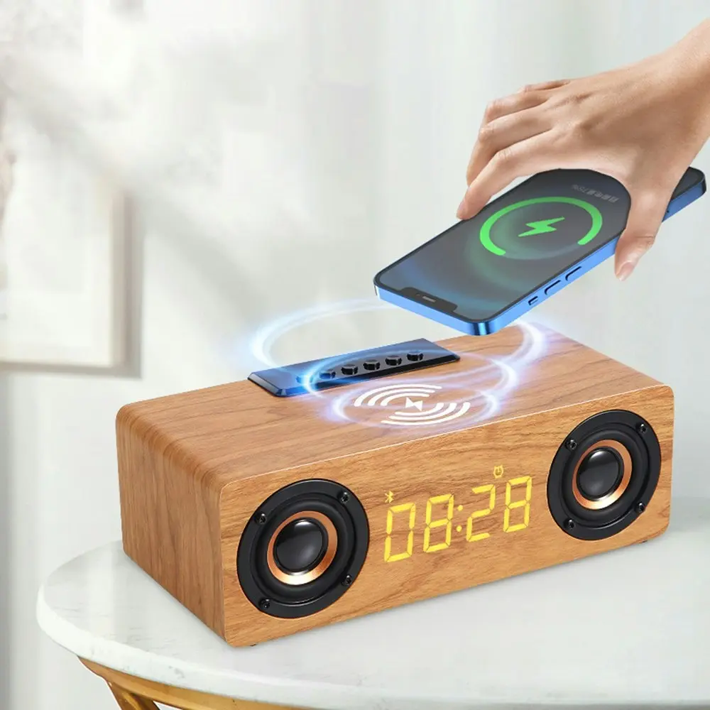 Wooden Bluetooth speaker phone wireless charger alarm clock