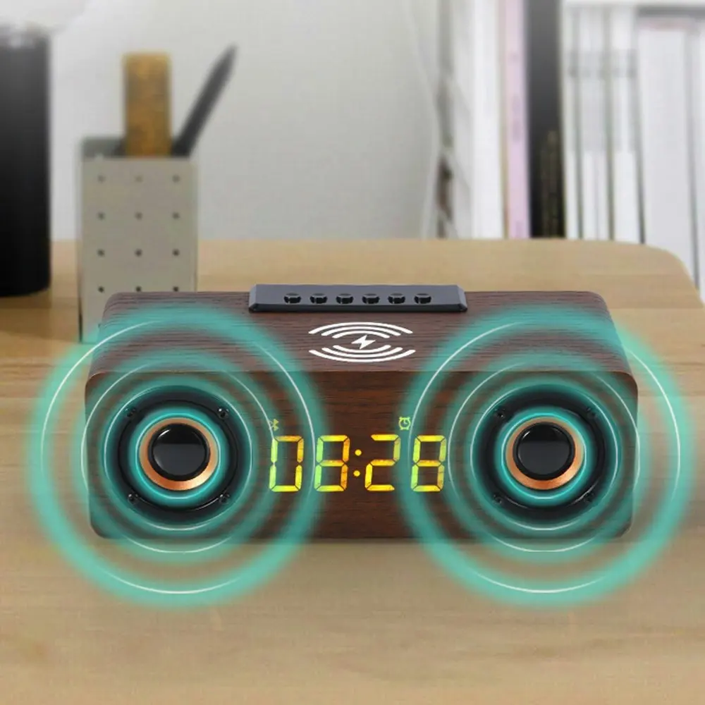 Wooden Bluetooth speaker phone wireless charger alarm clock