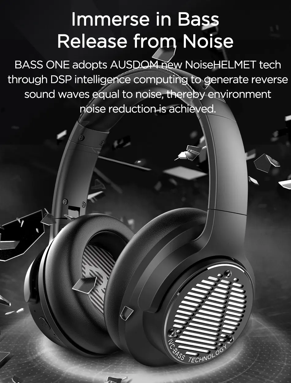 Ausdom BASS ONE Wireless Headphones Active Noise Cancelling Headphones with Super Deep Bass Bluetooth 5.0 Headphones Headset