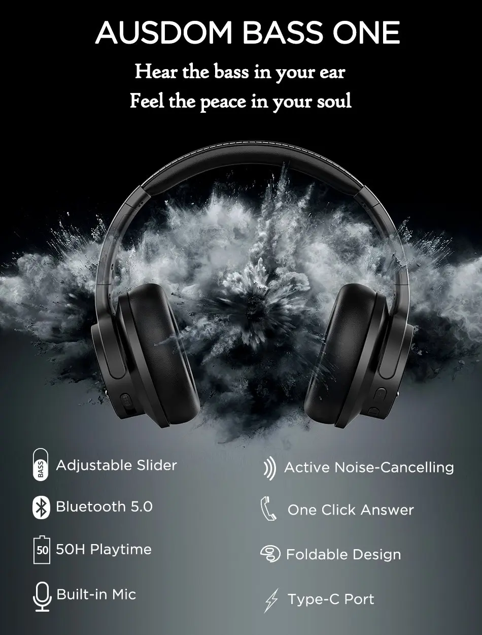 Ausdom BASS ONE Wireless Headphones Active Noise Cancelling Headphones with Super Deep Bass Bluetooth 5.0 Headphones Headset