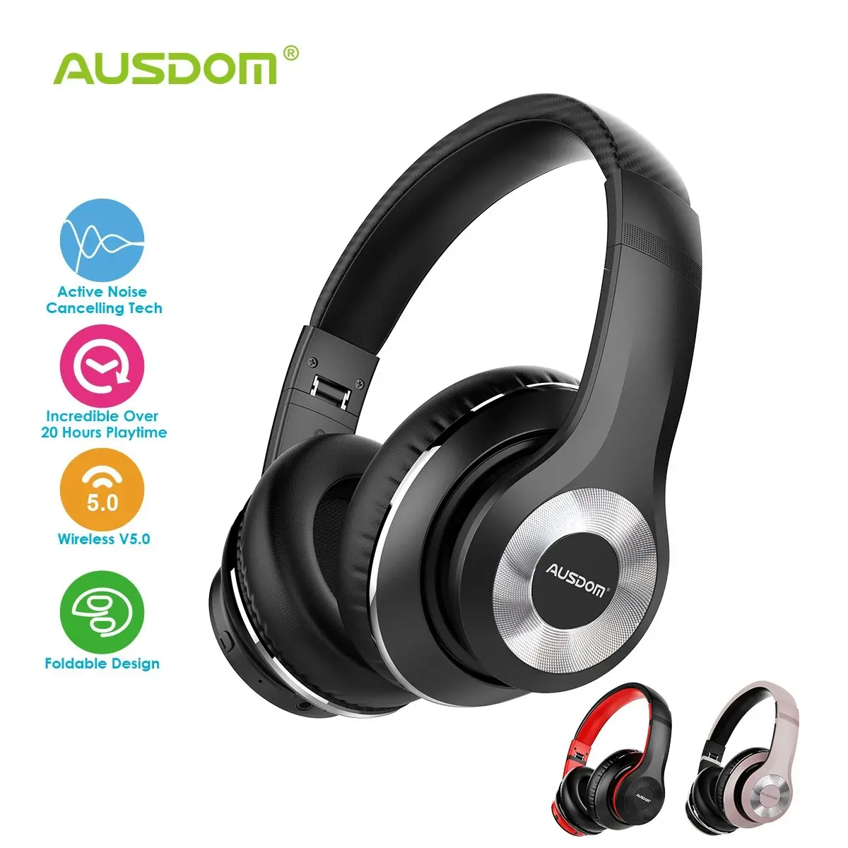 Ausdom ANC10 Wireless Active Noise Cancelling Headphones  Bluetooth 5.0 Over-Ear  with Mic  Soft Foldable Earpads, Hi-Fi Deep Bass