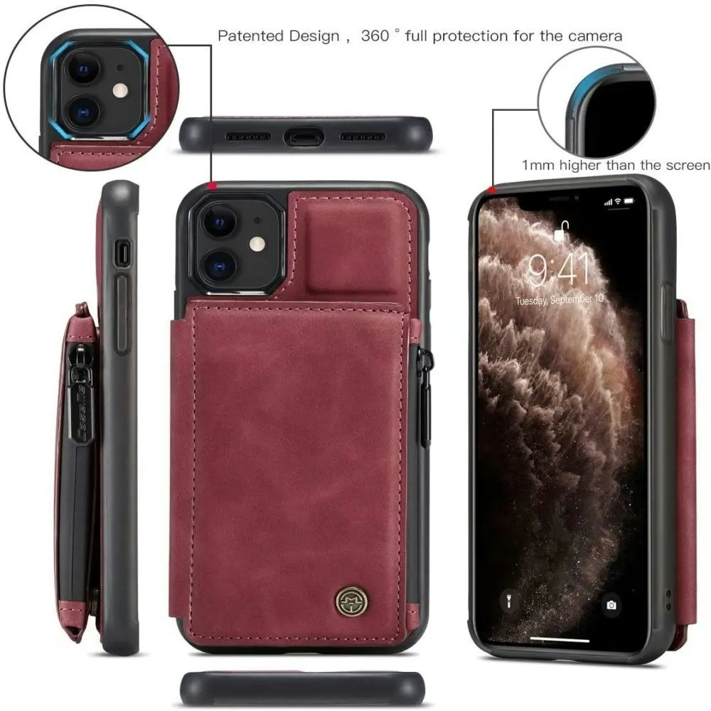 Magnetic PU leather Wallet Case with Card Holder for iPhone-Red wine